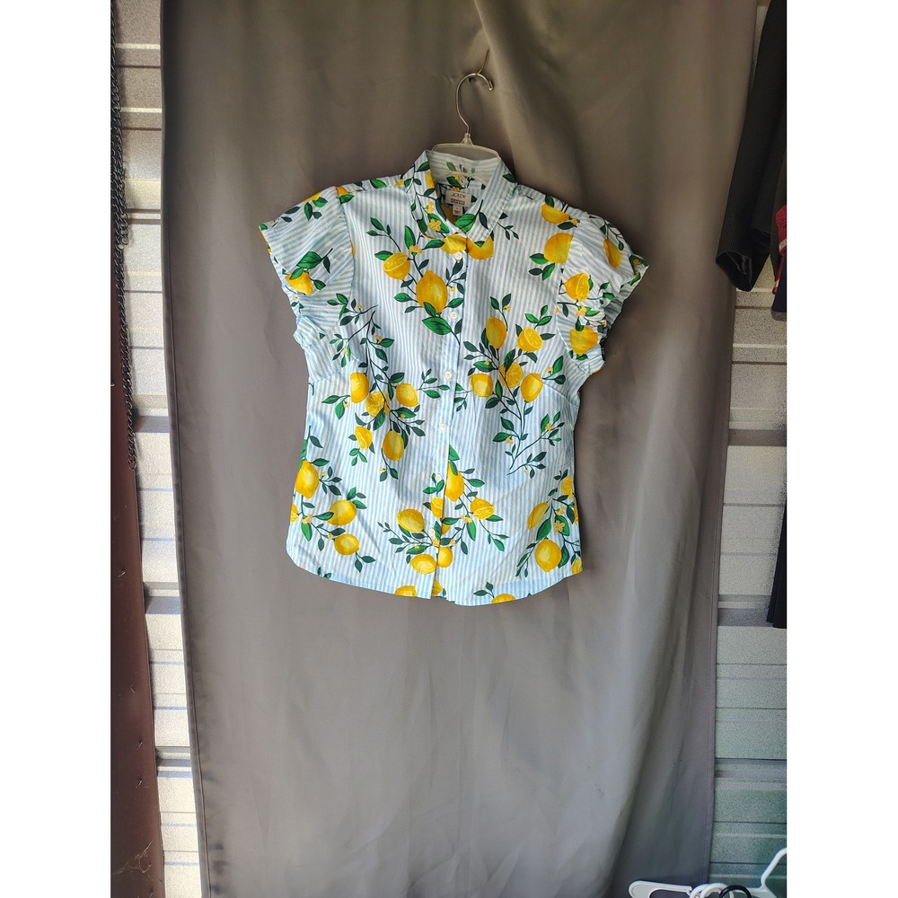 J.Crew Lemon Print Ruffle Sleeve Button Down Shirt Blue White Stripe CU584 S